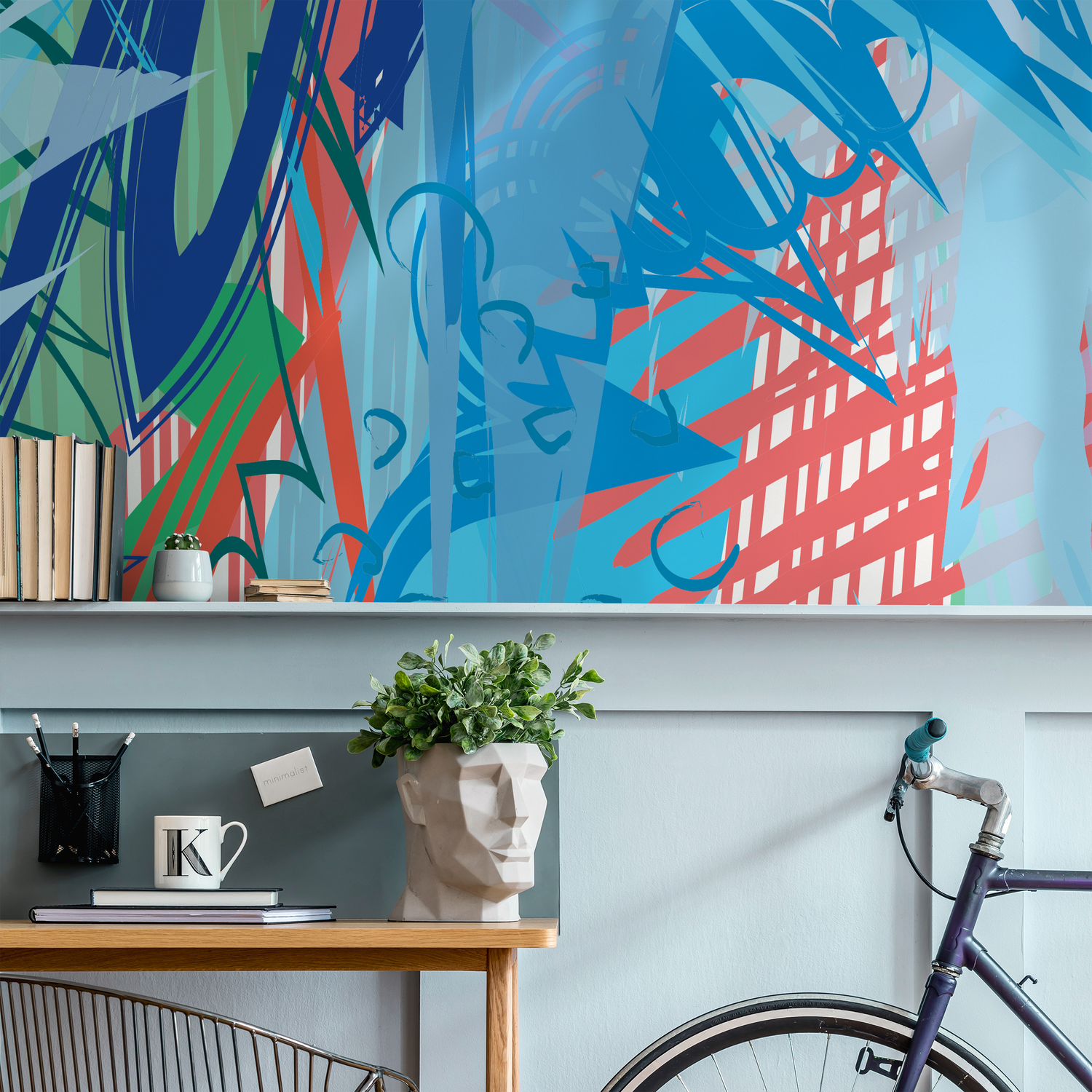 Abstract Wallpaper with Dynamic Brush Strokes in Blue, Yellow, and Pink - B226