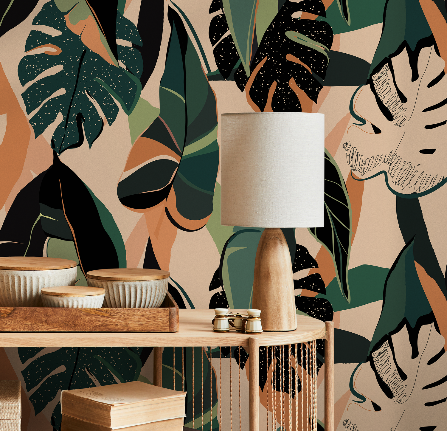 Tropical Wallpaper Featuring Abstract Jungle Leaves in Green, Terracotta, and Black - B229