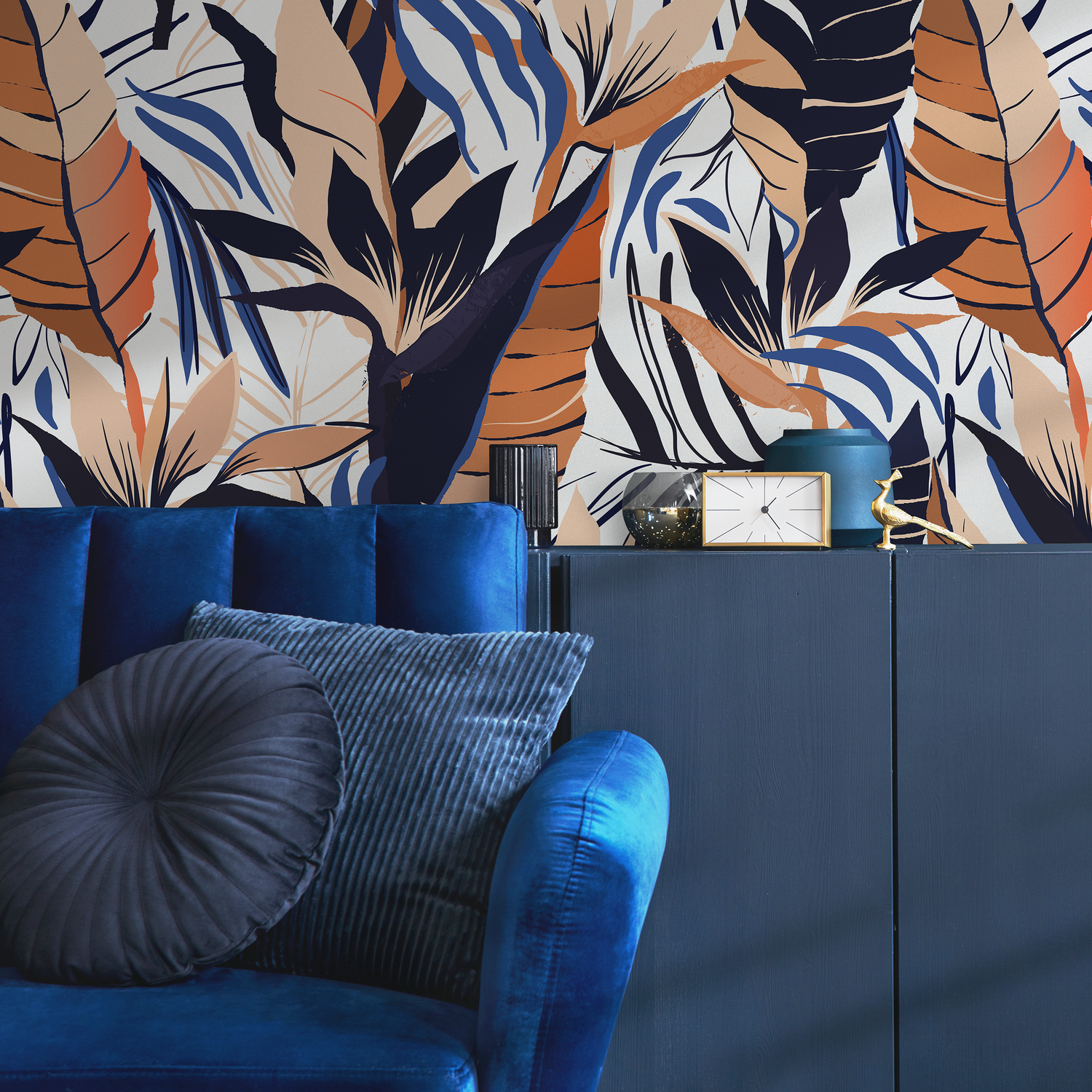 Botanical Wallpaper with Abstract Tropical Leaves in Orange, Blue, and Beige - B230