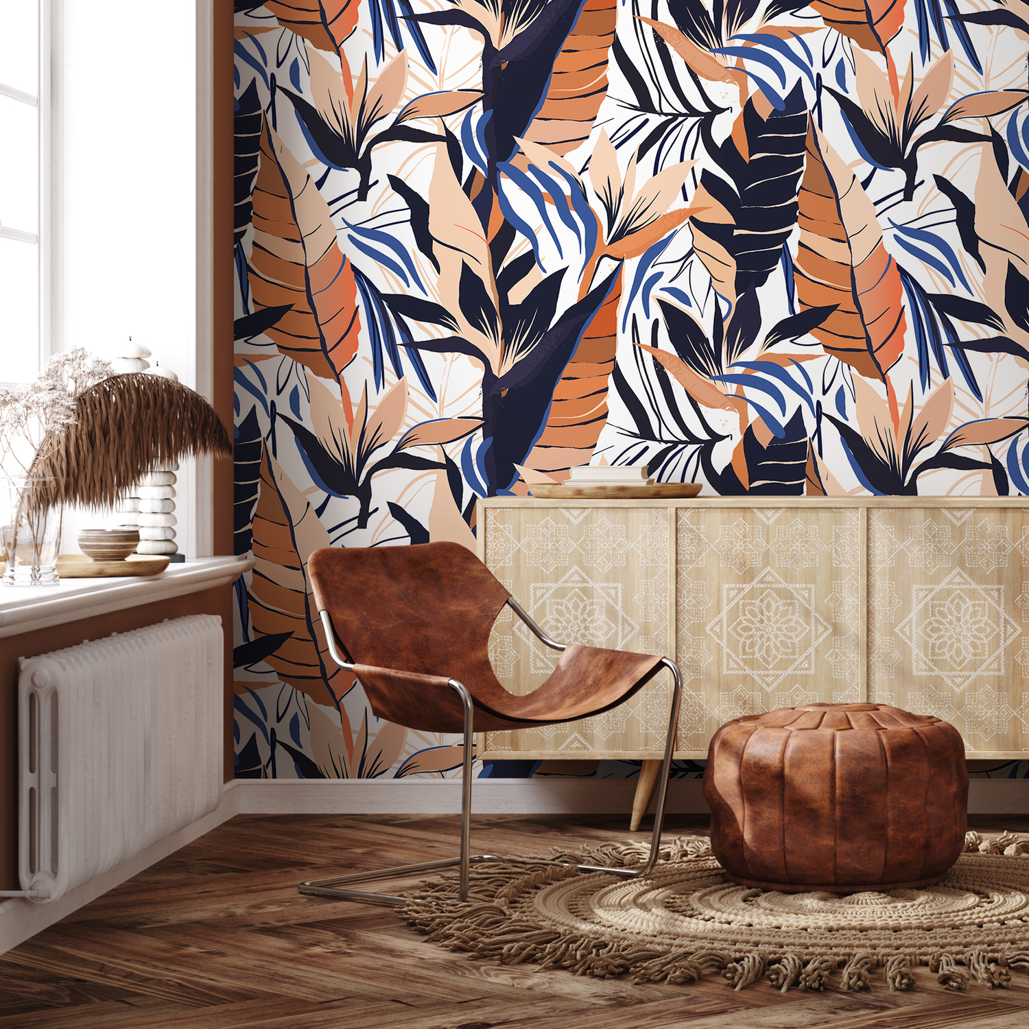 Botanical Wallpaper with Abstract Tropical Leaves in Orange, Blue, and Beige - B230