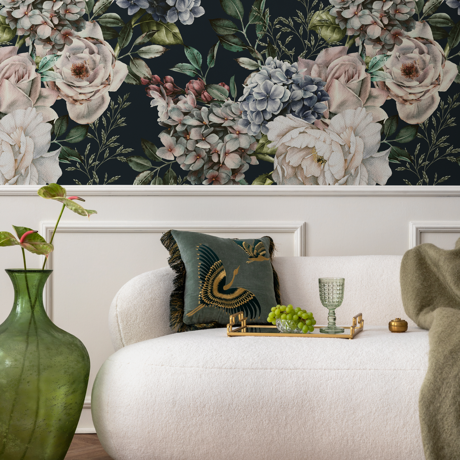 Floral Wallpaper with Vintage Roses and Hydrangeas in Pink and Blue - B231