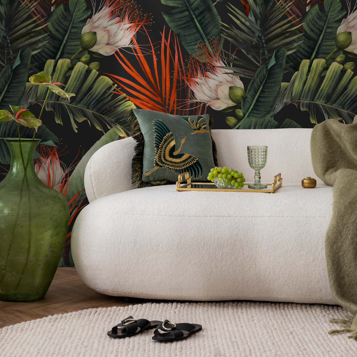 Tropical Wallpaper with Lush Palm Leaves and Flowers in Green and Red - B233