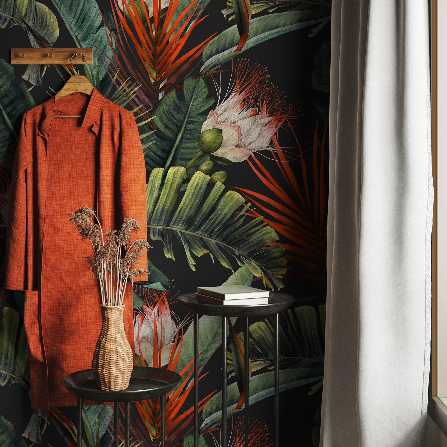 Tropical Wallpaper with Lush Palm Leaves and Flowers in Green and Red - B233