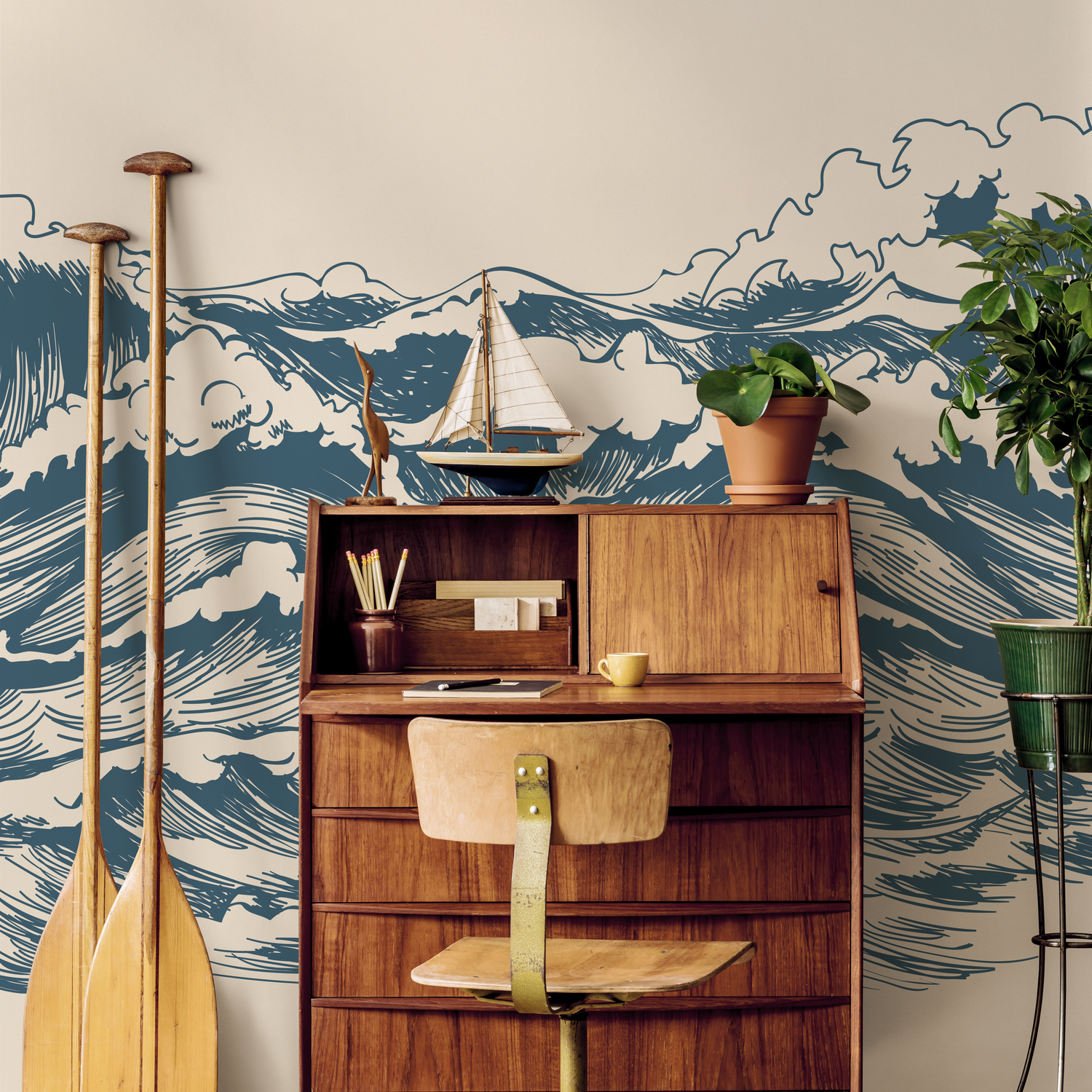 Waves Wallpaper with a Hand-Drawn Ocean Motif in Blue and Beige - B256
