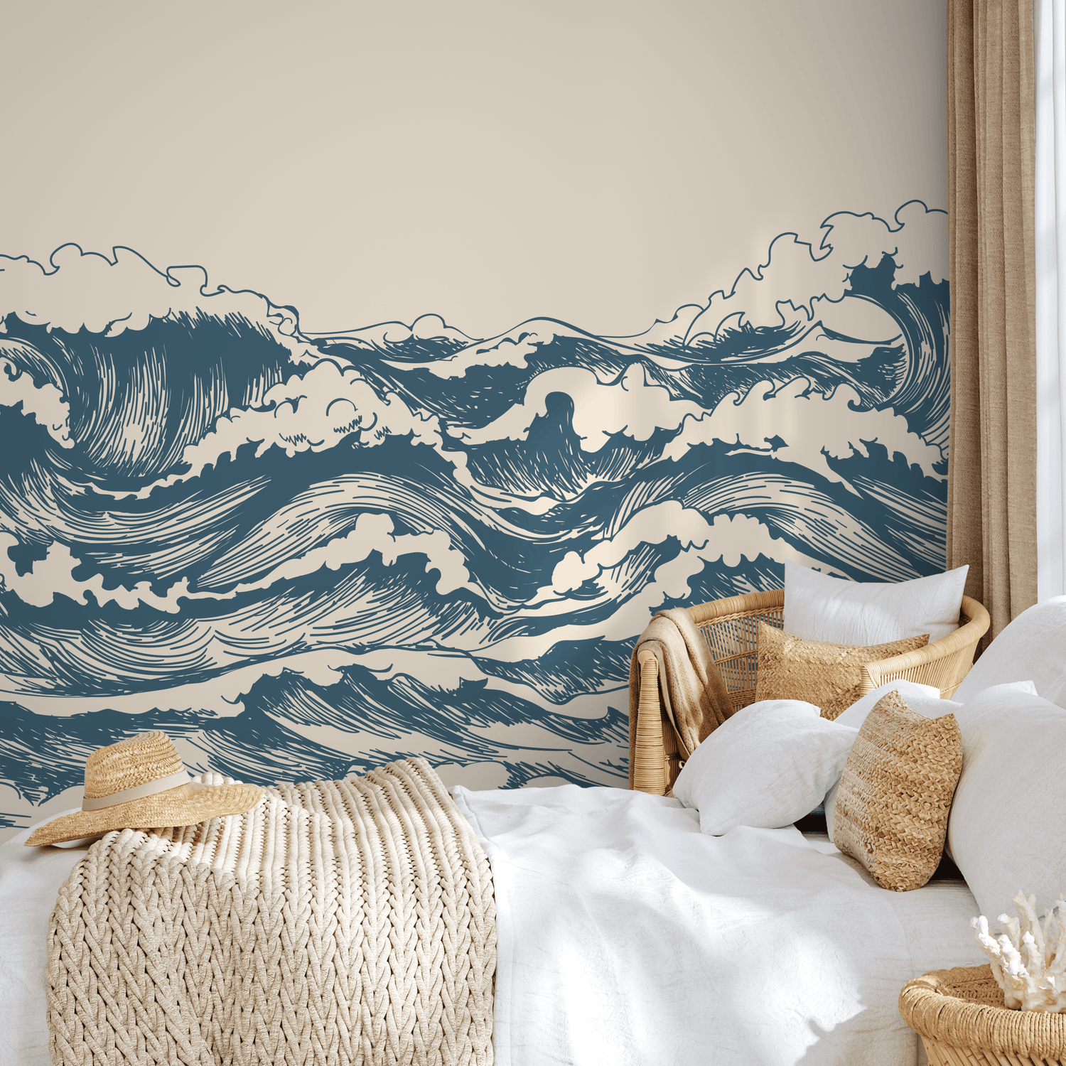 Waves Wallpaper with a Hand-Drawn Ocean Motif in Blue and Beige - B256