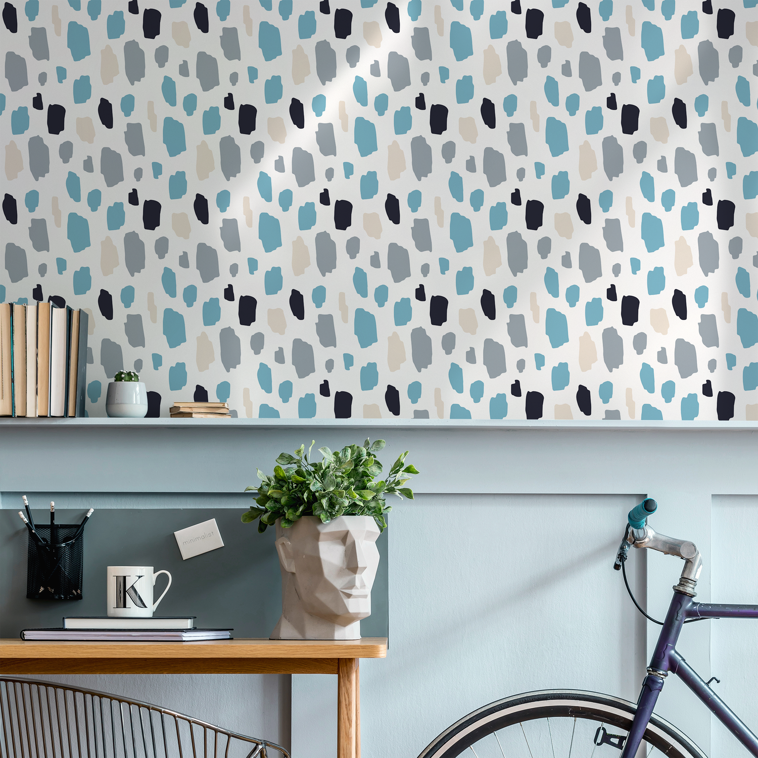 Scandinavian Wallpaper with Painterly Spots in Blue, Gray, and Black - B282