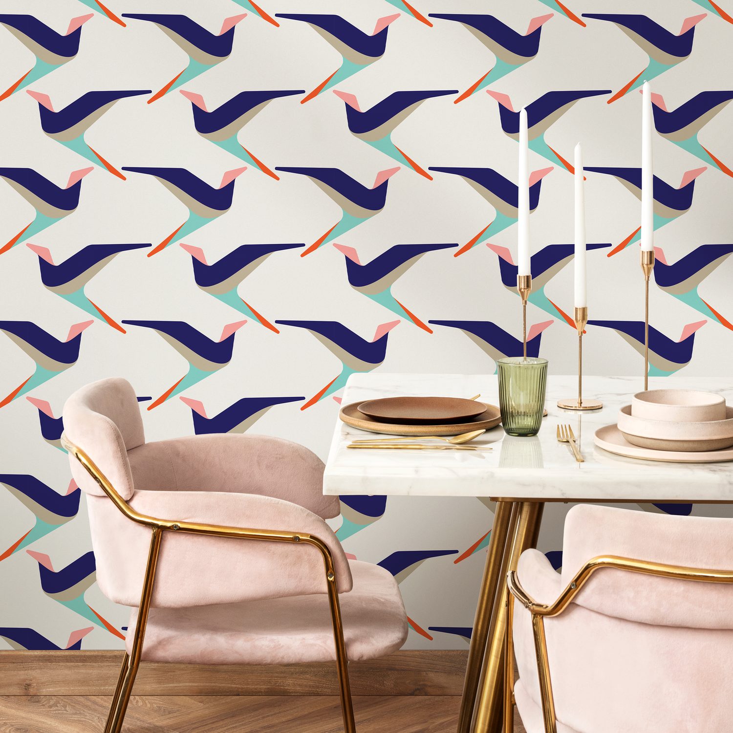 Scandinavian Wallpaper with a Stylized Bird Motif in Blue, Teal, and Orange - B283
