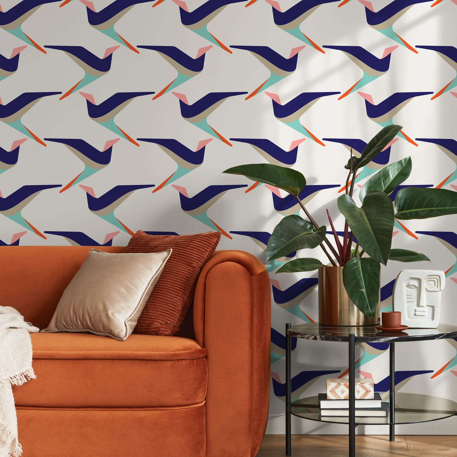 Scandinavian Wallpaper with a Stylized Bird Motif in Blue, Teal, and Orange - B283