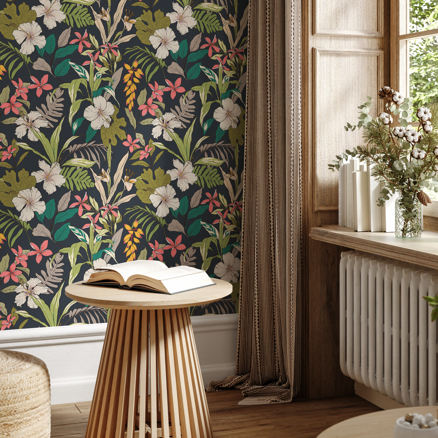 Tropical Wallpaper with Hibiscus Flowers in Dark Blue, Green, and Pink - B284