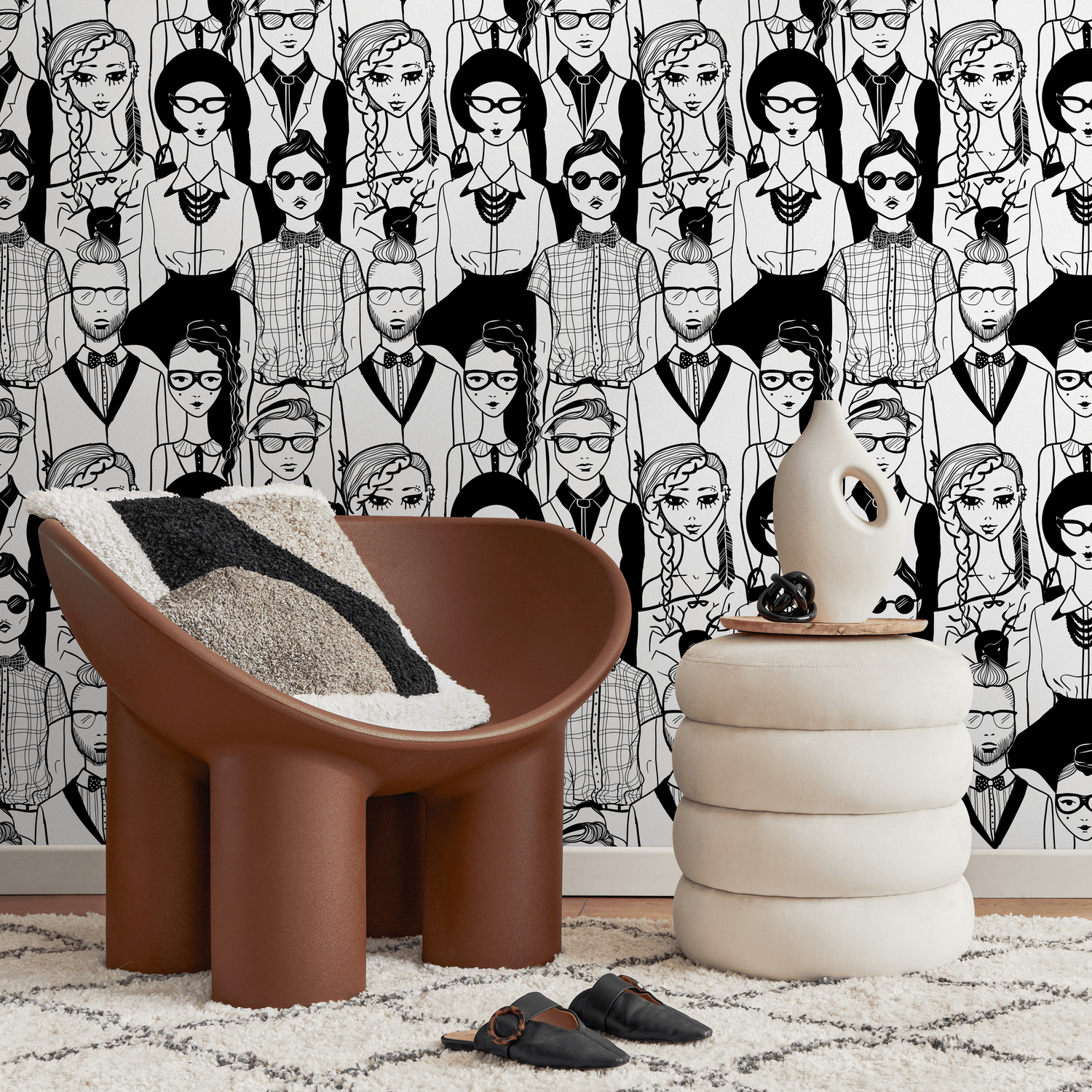 Papel pintado extraíble con caras en blanco y negro, papel pintado escandinavo, papel pintado autoadhesivo - B295