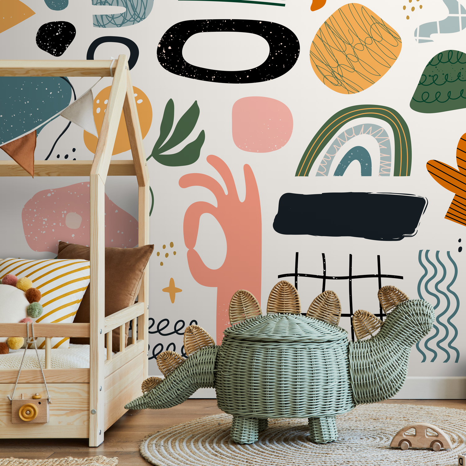 Abstract Wallpaper with Scandinavian Doodles and Shapes in Black, Orange, and Green - B302