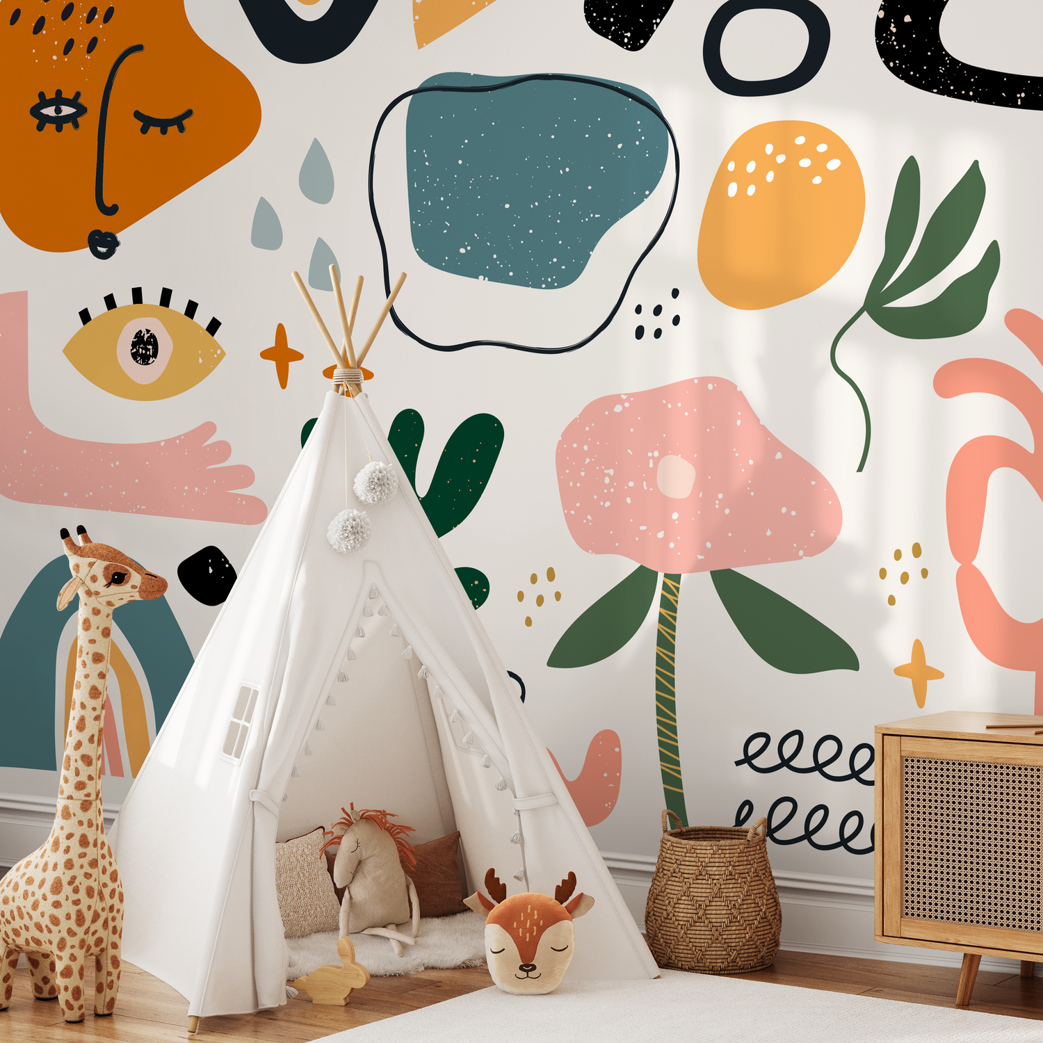 Abstract Wallpaper with Scandinavian Doodles and Shapes in Black, Orange, and Green - B302