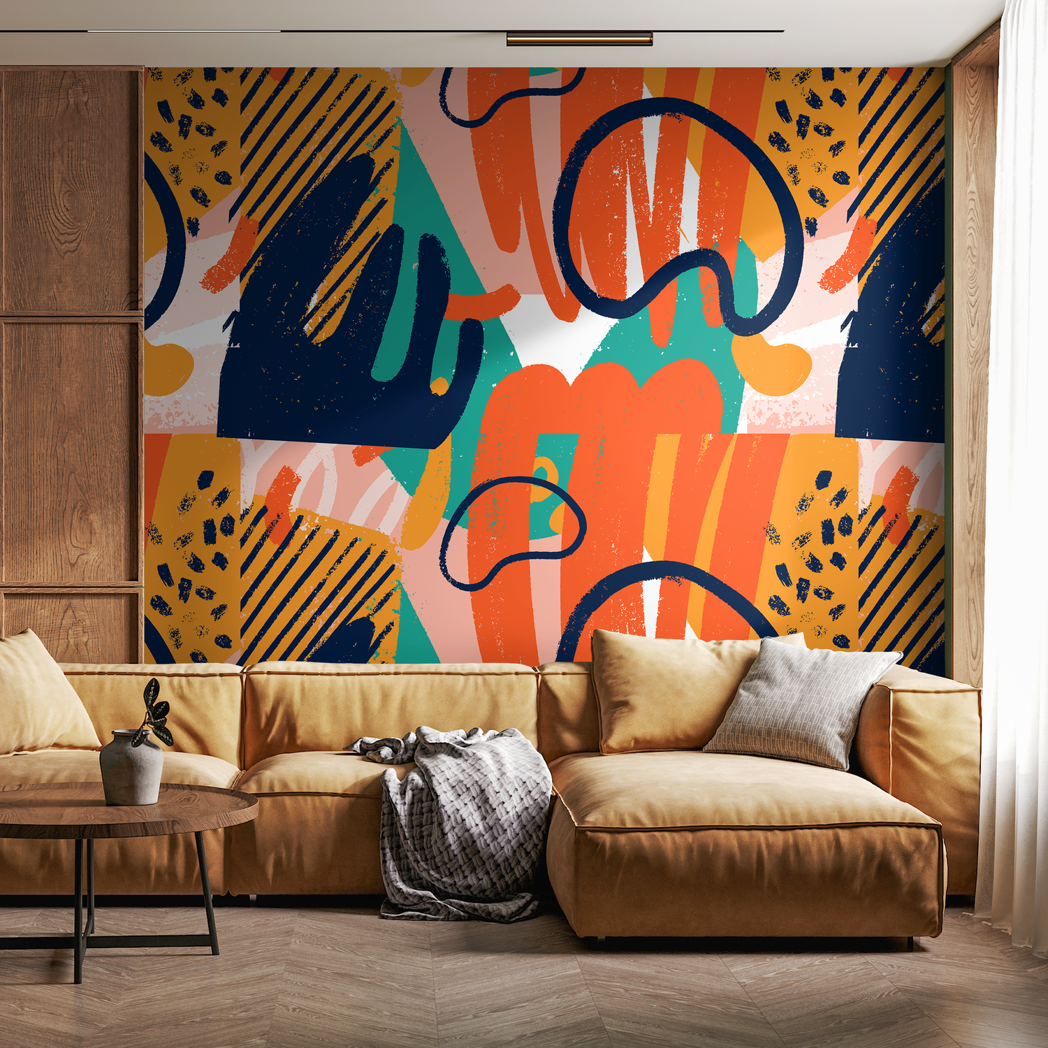 Abstract Wallpaper with Bold Brushstrokes in Navy Blue, Orange, and Yellow - B306