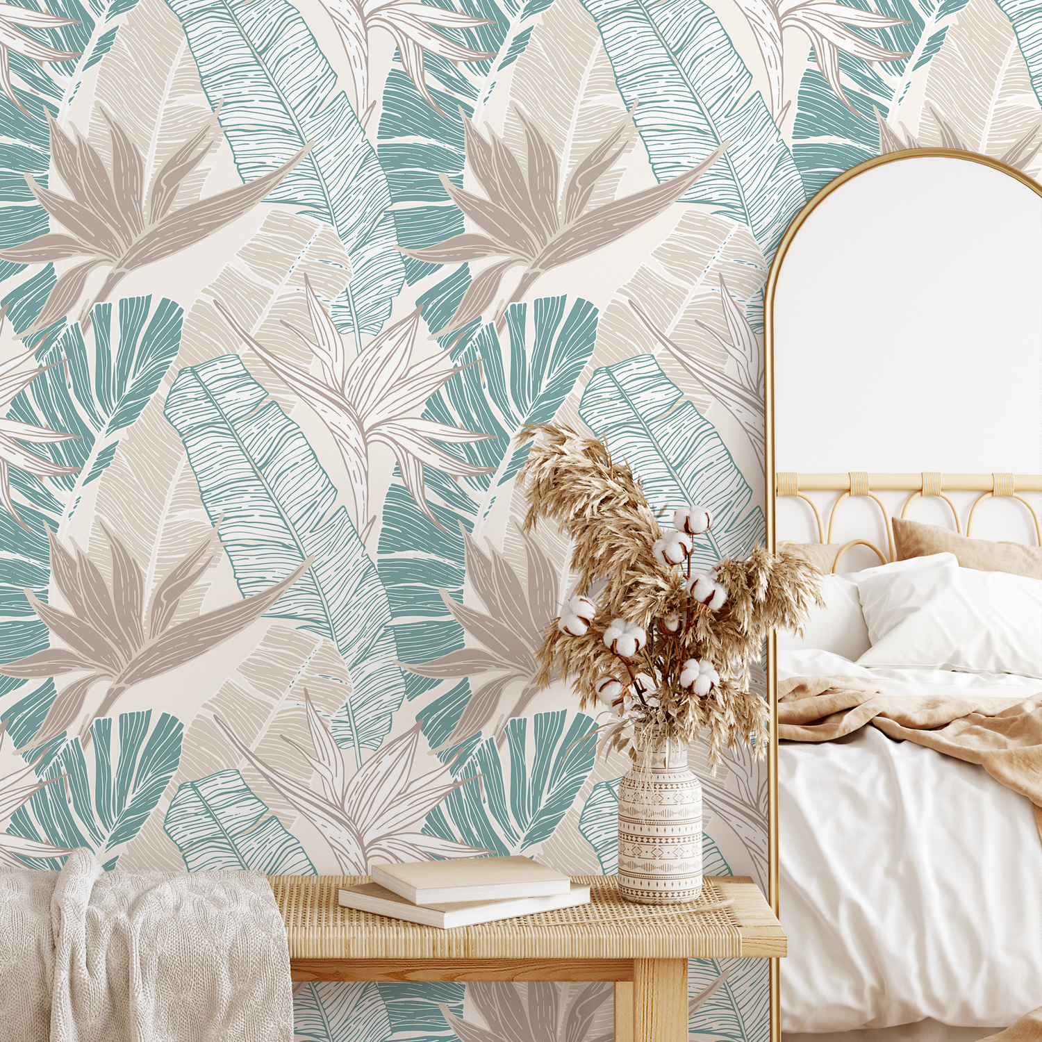 Tropical Wallpaper with Birds of Paradise in Teal and Beige - B314