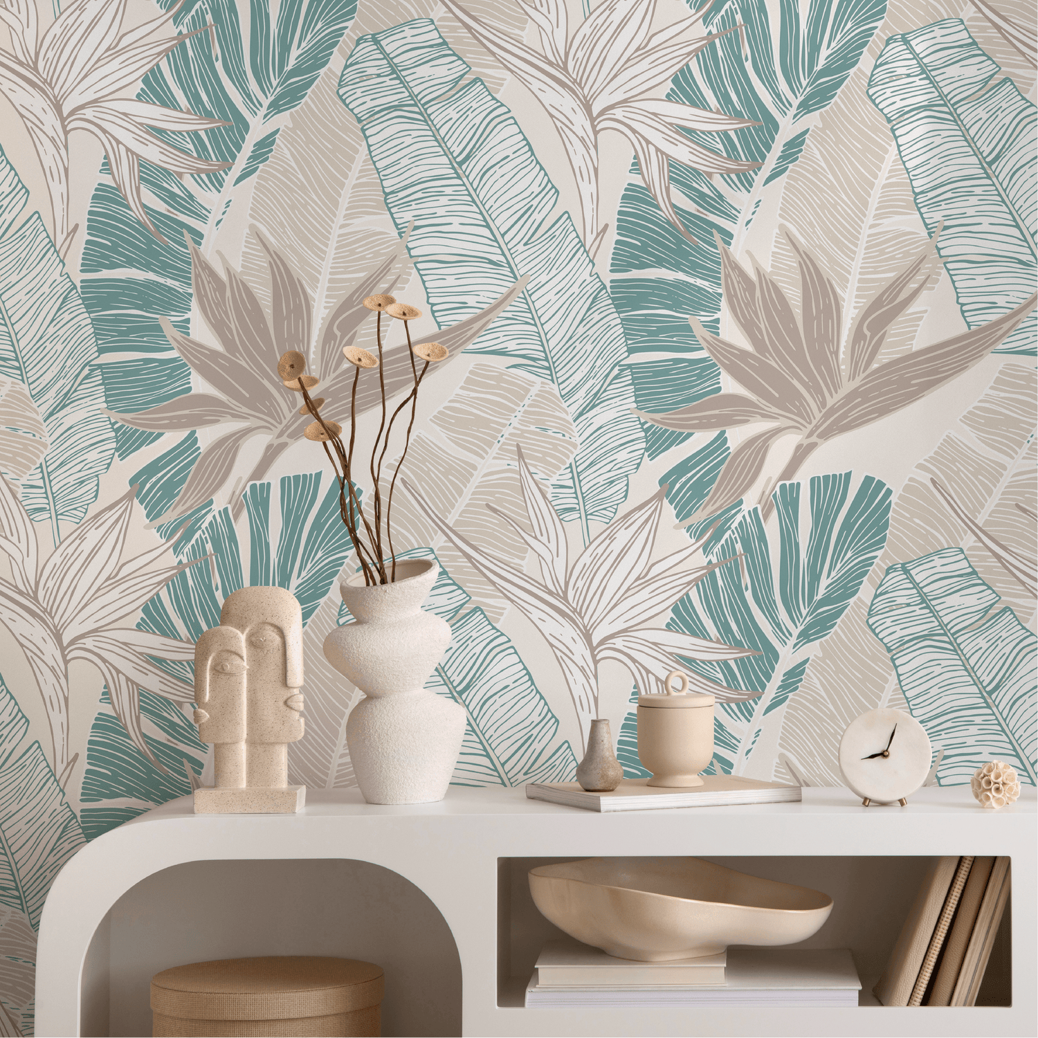 Tropical Wallpaper with Birds of Paradise in Teal and Beige - B314