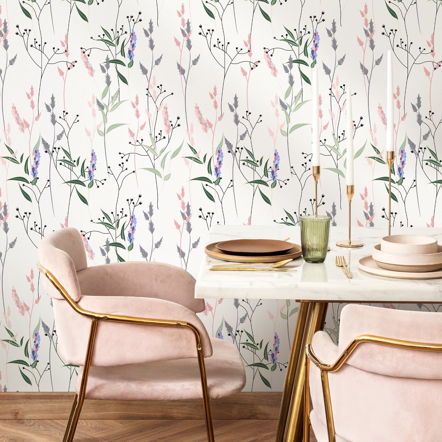 Botanical Wallpaper with a Delicate Wildflower Motif in Pink, Purple, and Green - B315