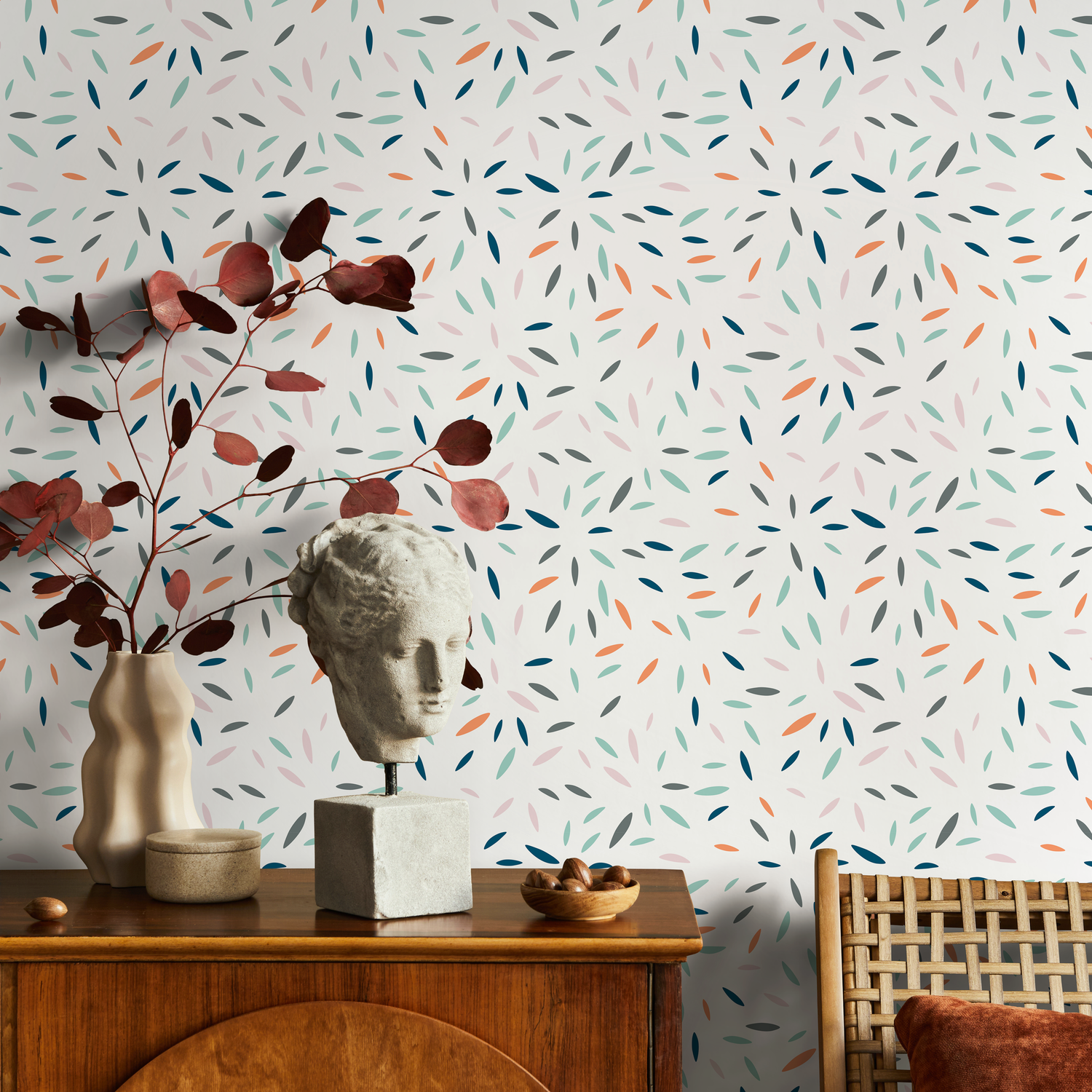 Abstract Wallpaper with a Scattered Petal Motif in Blue, Orange, and Teal - B325