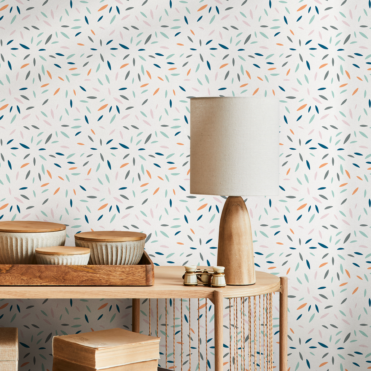 Abstract Wallpaper with a Scattered Petal Motif in Blue, Orange, and Teal - B325