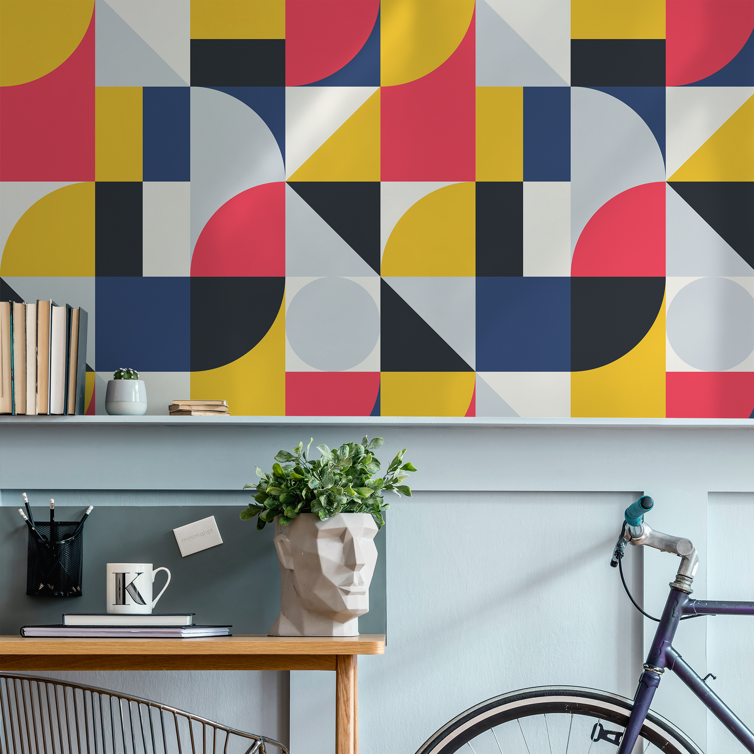 Geometric Wallpaper with a Modern Block Pattern in Pink, Yellow, and Blue - B329