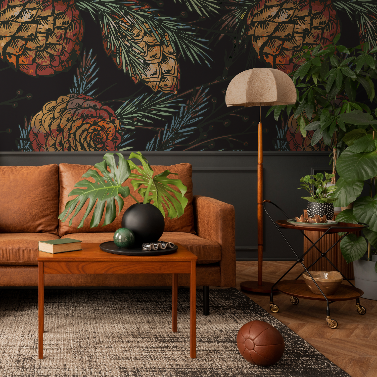 Botanical Wallpaper Featuring a Rustic Pinecone Motif in Orange, Brown, and Green - B348