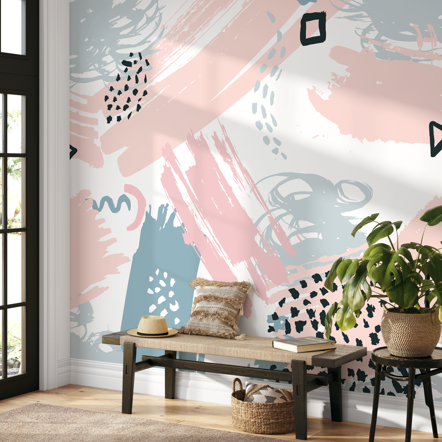 Abstract Wallpaper with Scribbles and Brush Strokes in Pink, Blue, and Black - B349