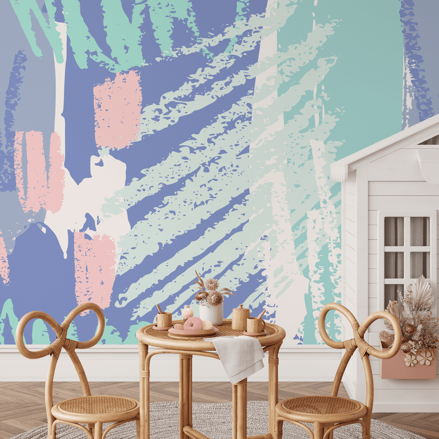 Abstract Wallpaper with Artistic Brushstrokes in Blue, Green, and Pink - B358