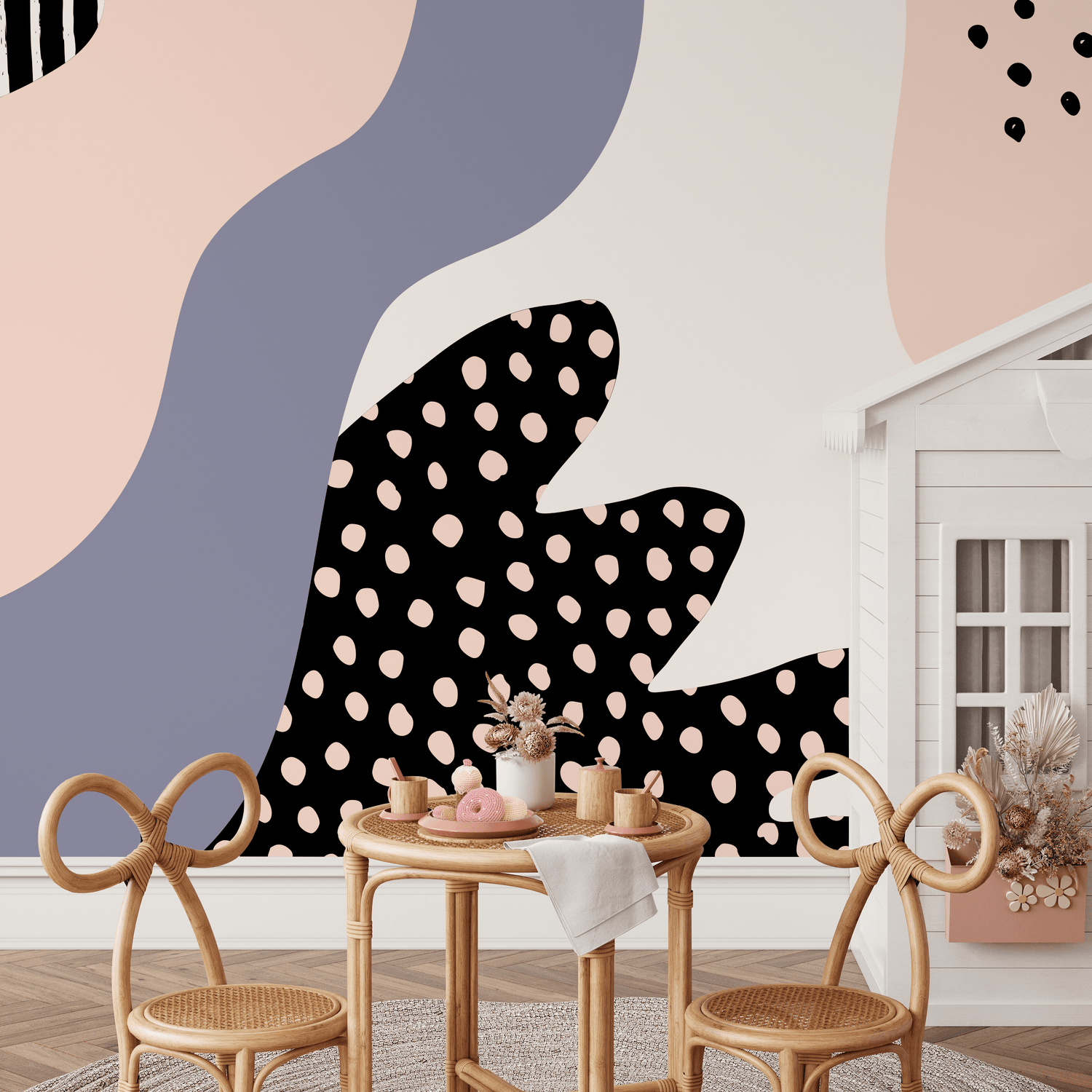 Abstract Mural Wallpaper with Organic Forms in Pink, Blue, and Black - B377