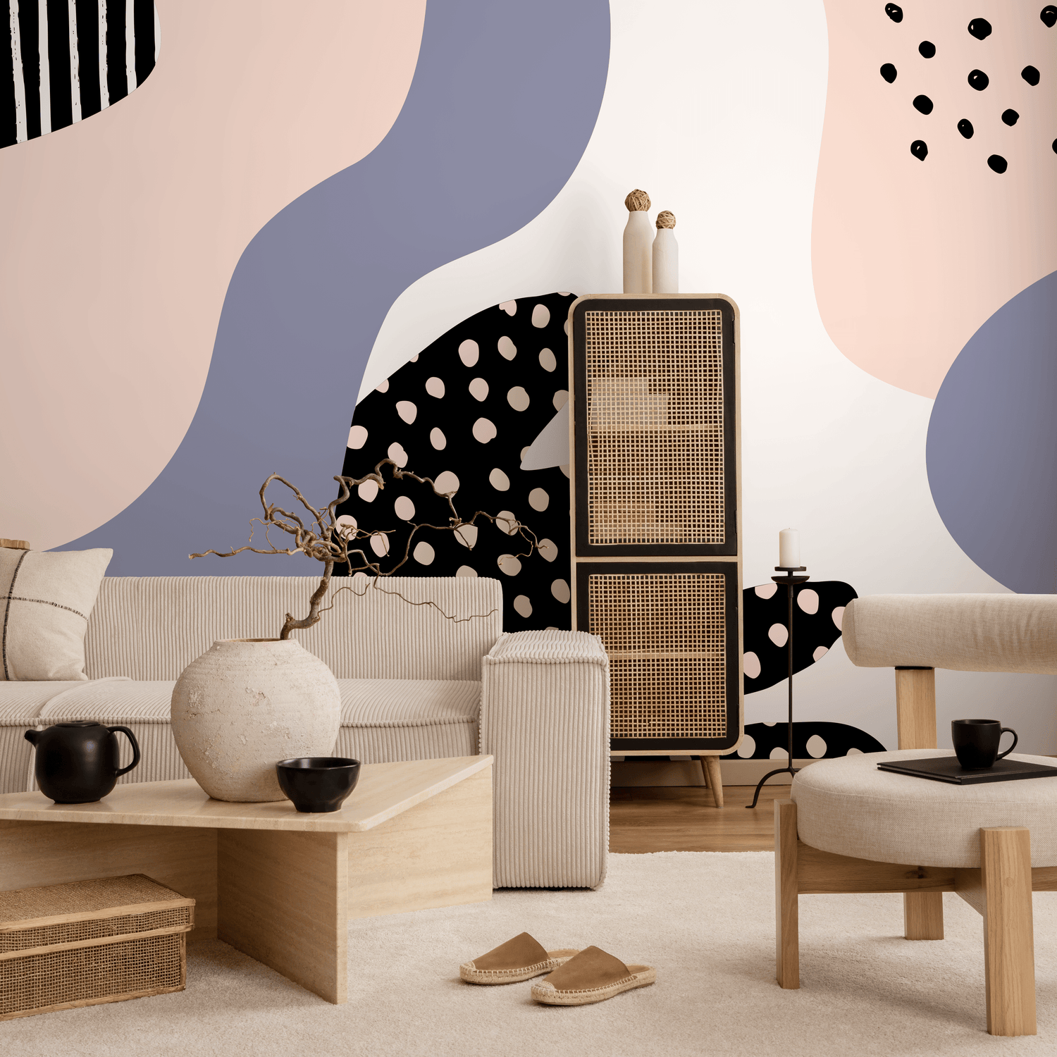 Abstract Mural Wallpaper with Organic Forms in Pink, Blue, and Black - B377