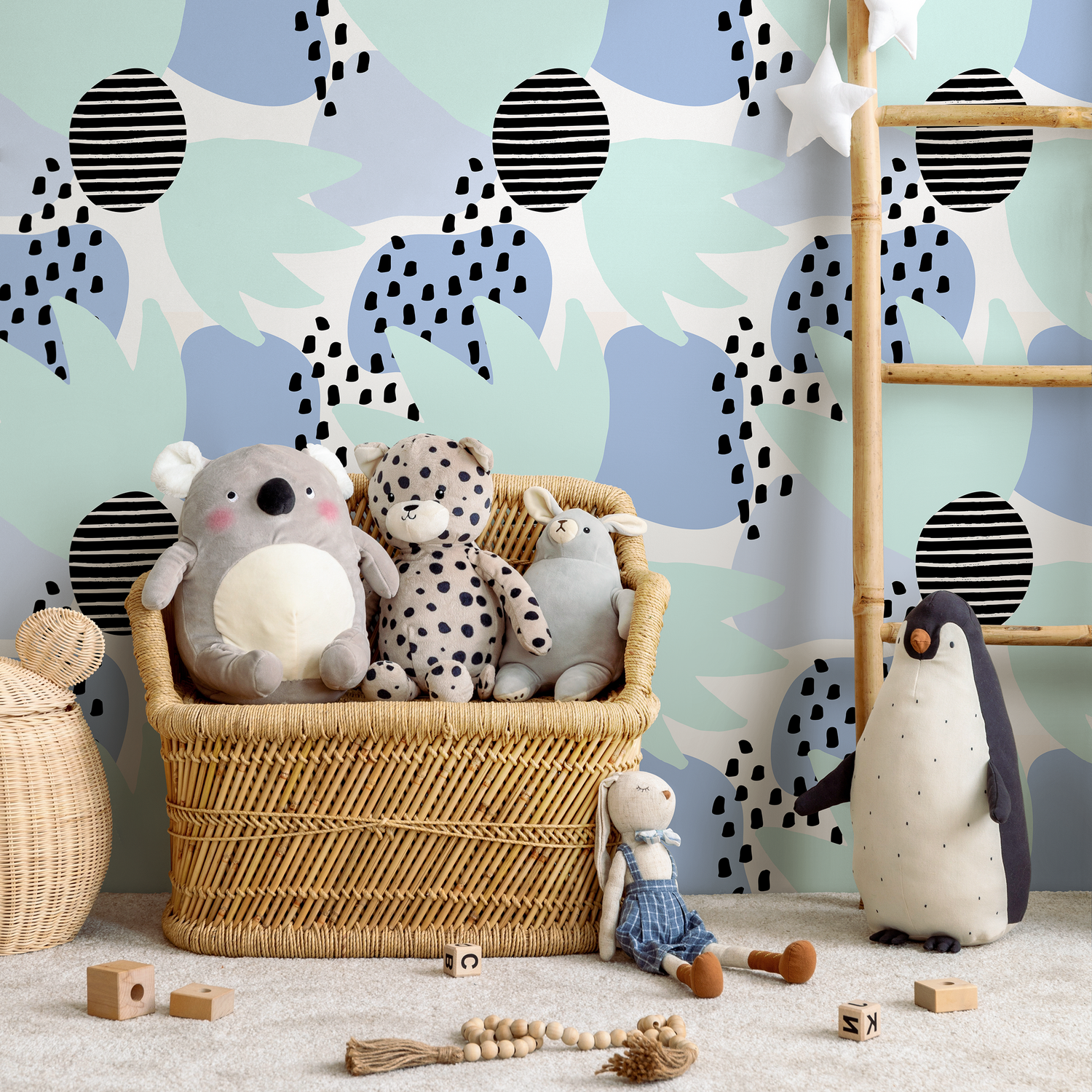 Abstract Wallpaper with Modern Shapes and Dots in Blue, Green, and Black - B380