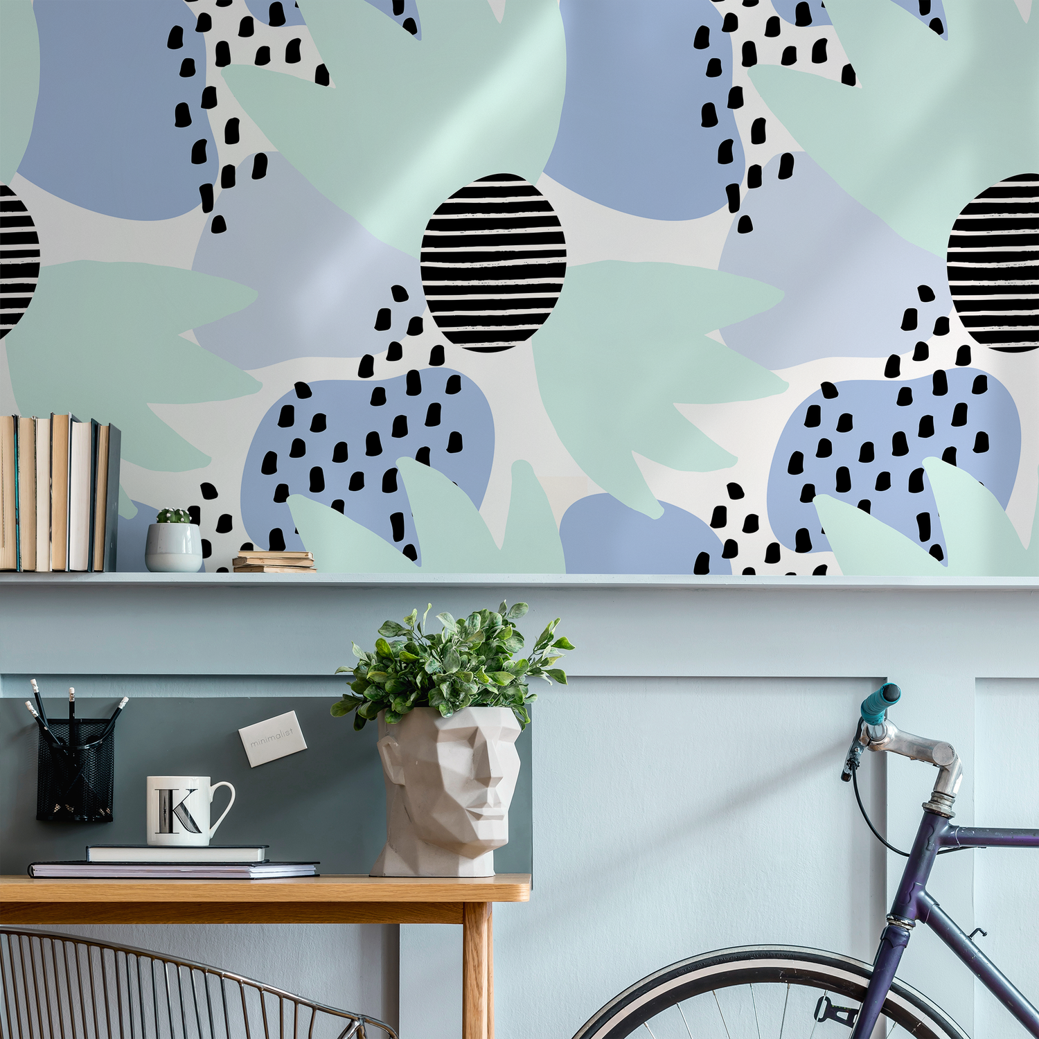 Abstract Wallpaper with Modern Shapes and Dots in Blue, Green, and Black - B380