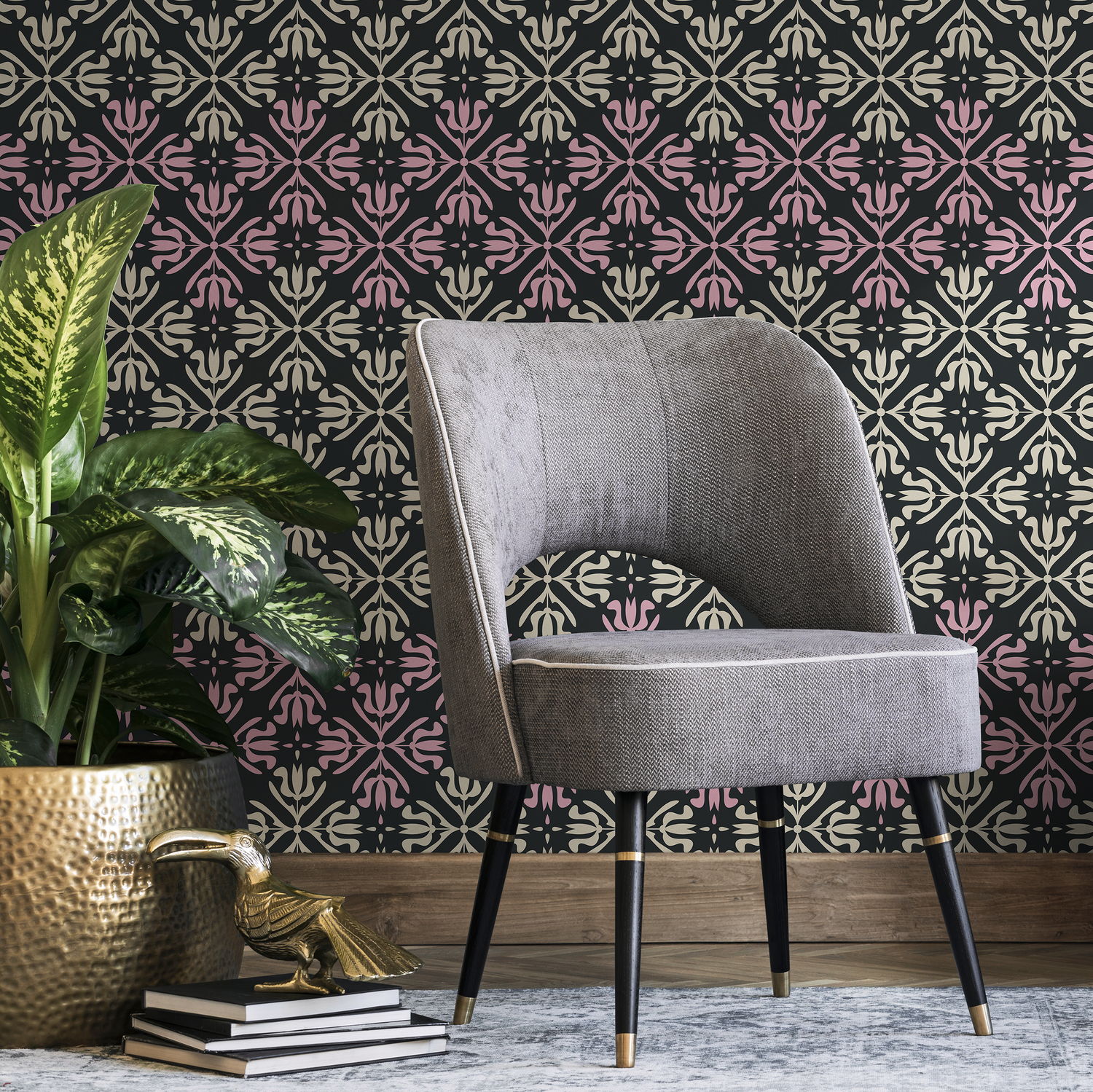 Scandinavian Wallpaper with an Ornate Tile Motif in Black, Pink, and Cream - B389