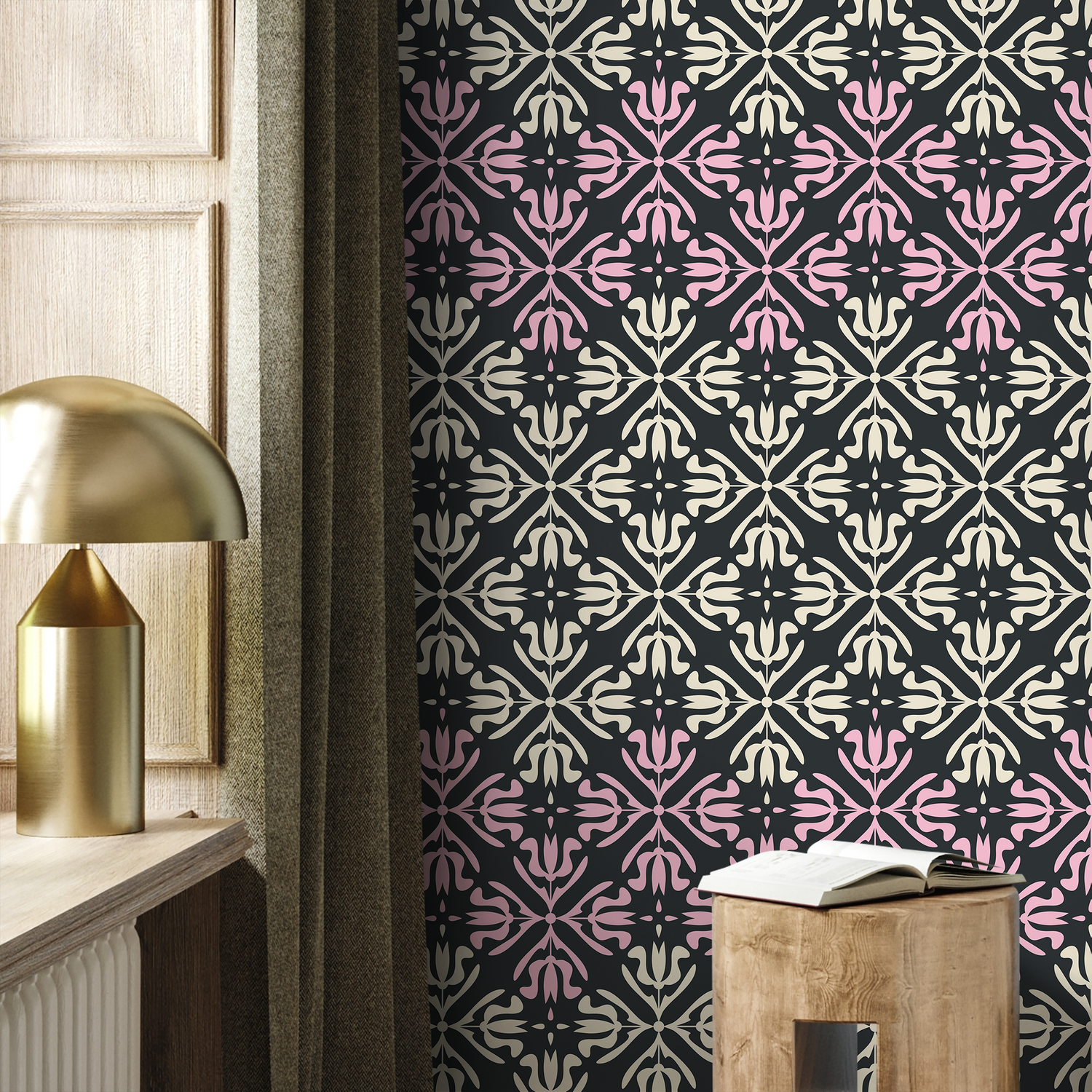 Scandinavian Wallpaper with an Ornate Tile Motif in Black, Pink, and Cream - B389