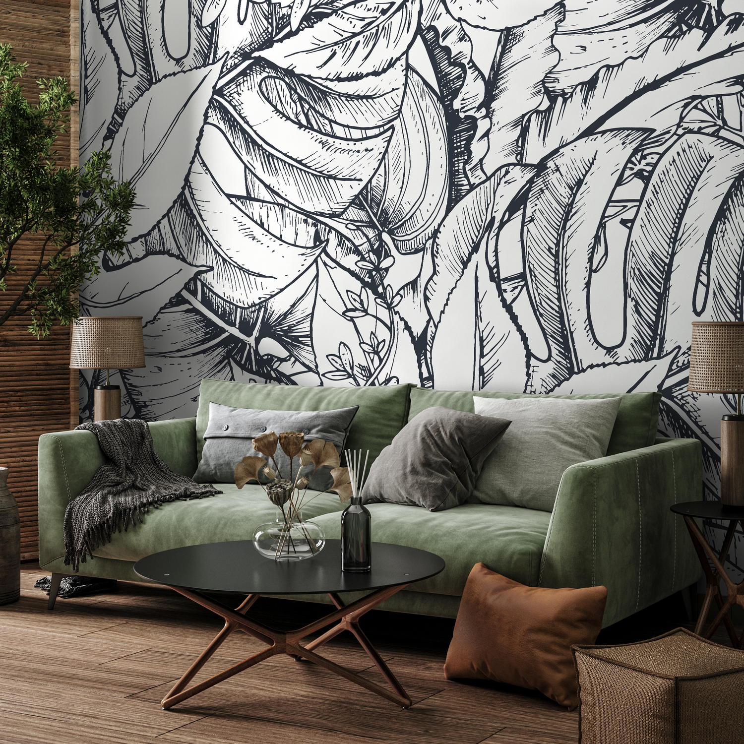 Botanical Wallpaper with Sketched Jungle Leaves in Black and White - B393