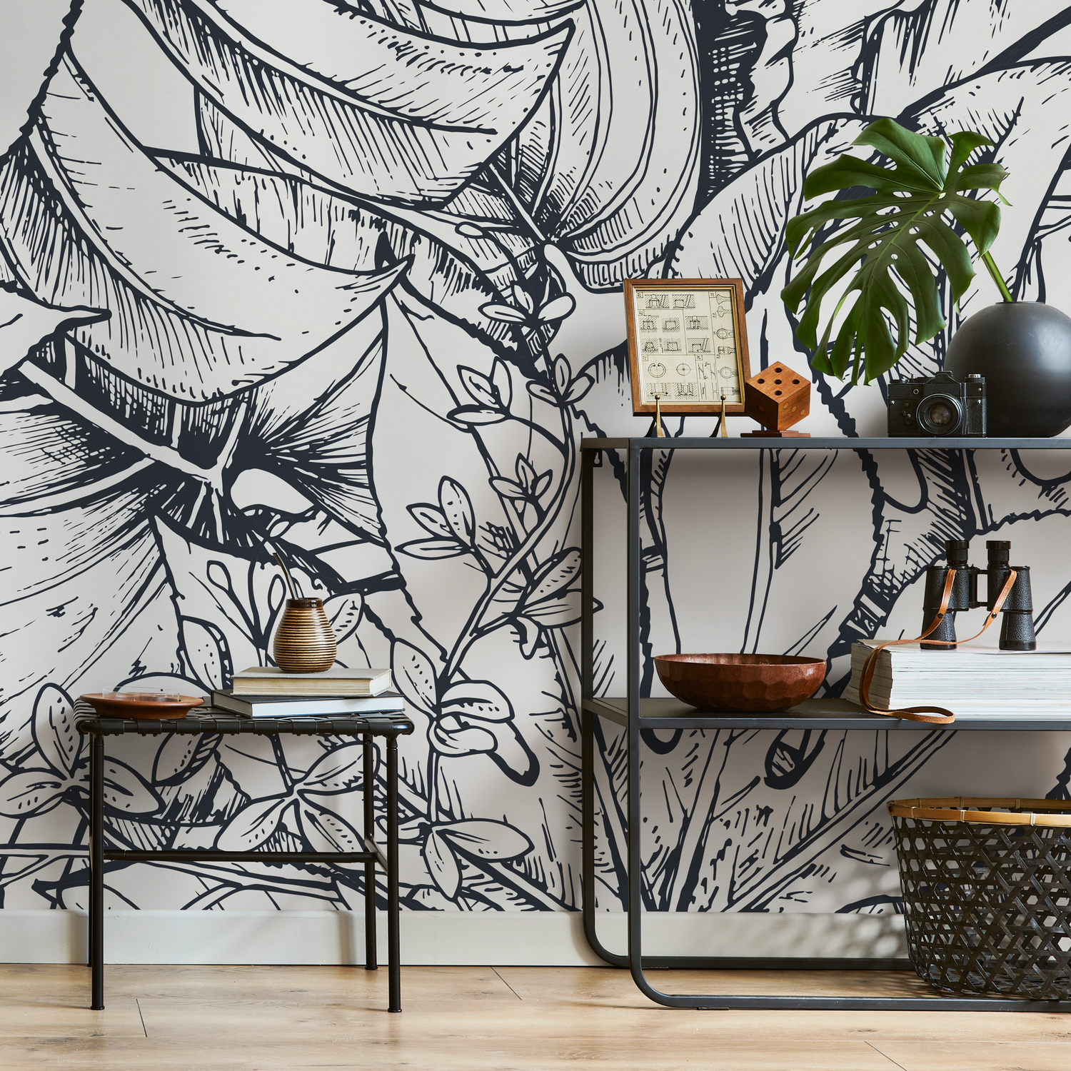 Botanical Wallpaper with Sketched Jungle Leaves in Black and White - B393