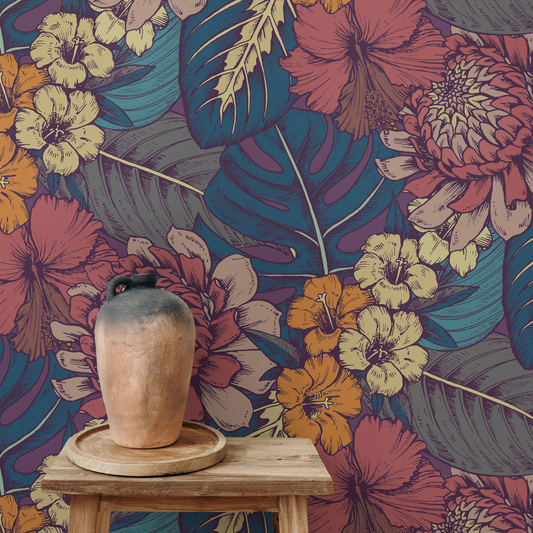 Wallpaper Peel and Stick Wallpaper Removable Wallpaper Home Decor Wall Art Wall Decor Room Decor/ Tropical Leaves and Flower Wallpaper -B395
