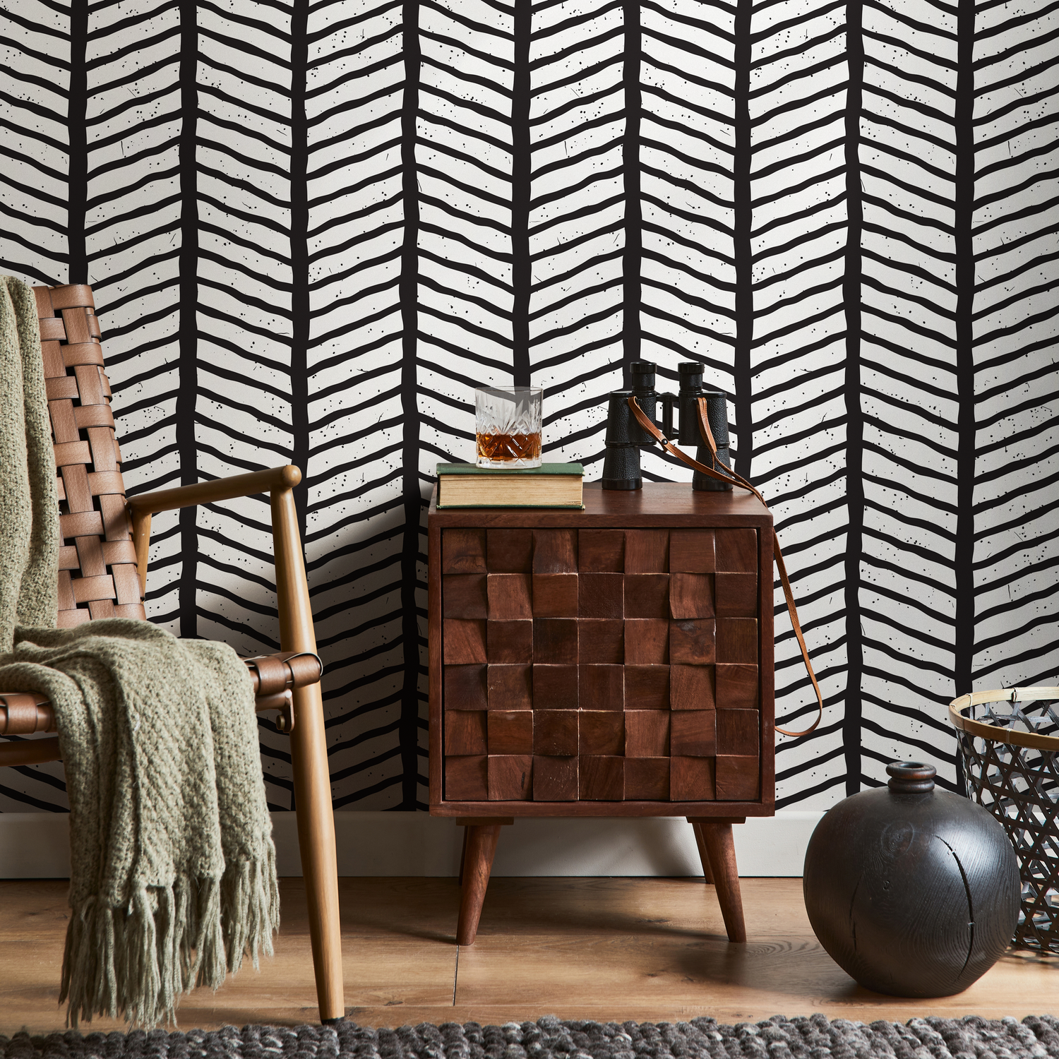 Geometric Wallpaper with a Hand-Drawn Chevron Pattern in Black and White - B396