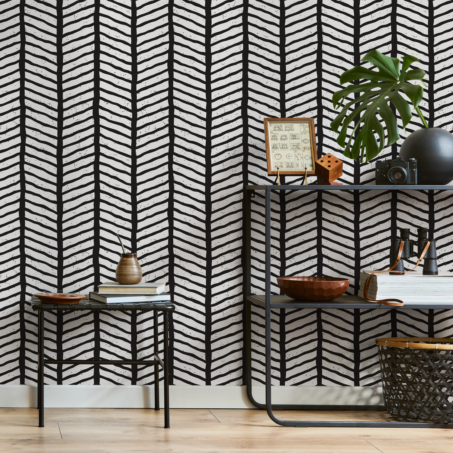 Geometric Wallpaper with a Hand-Drawn Chevron Pattern in Black and White - B396