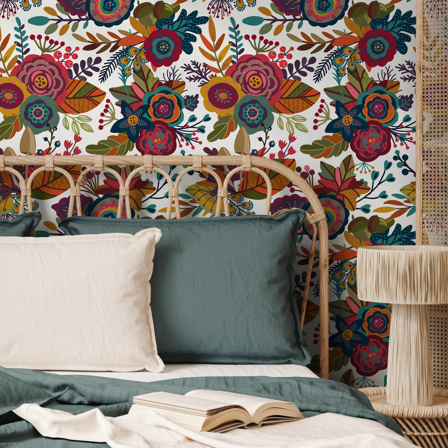 Floral Wallpaper with a Folk Art Motif in Red, Teal, and Yellow - B397