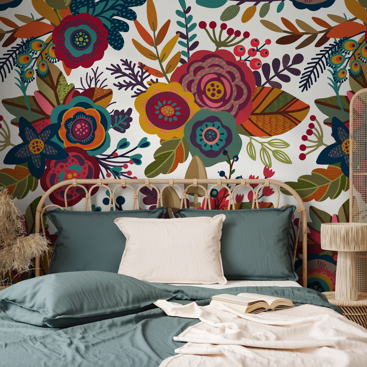 Folk Art Wallpaper with Whimsical Flowers and Mushrooms in Red, Yellow, and Teal - B398