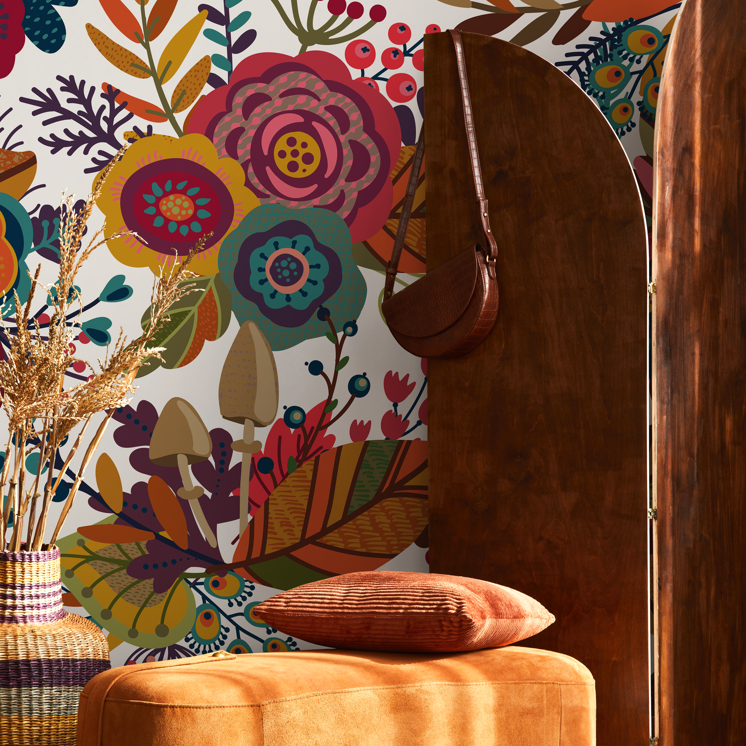 Folk Art Wallpaper with Whimsical Flowers and Mushrooms in Red, Yellow, and Teal - B398
