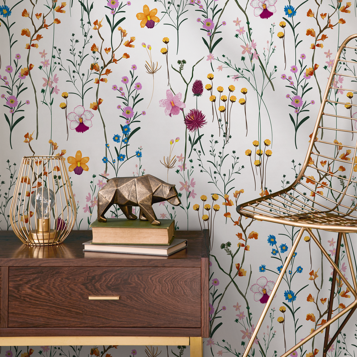 Wildflower Wallpaper with a Delicate Meadow Motif in Pink, Blue, and Yellow - B407