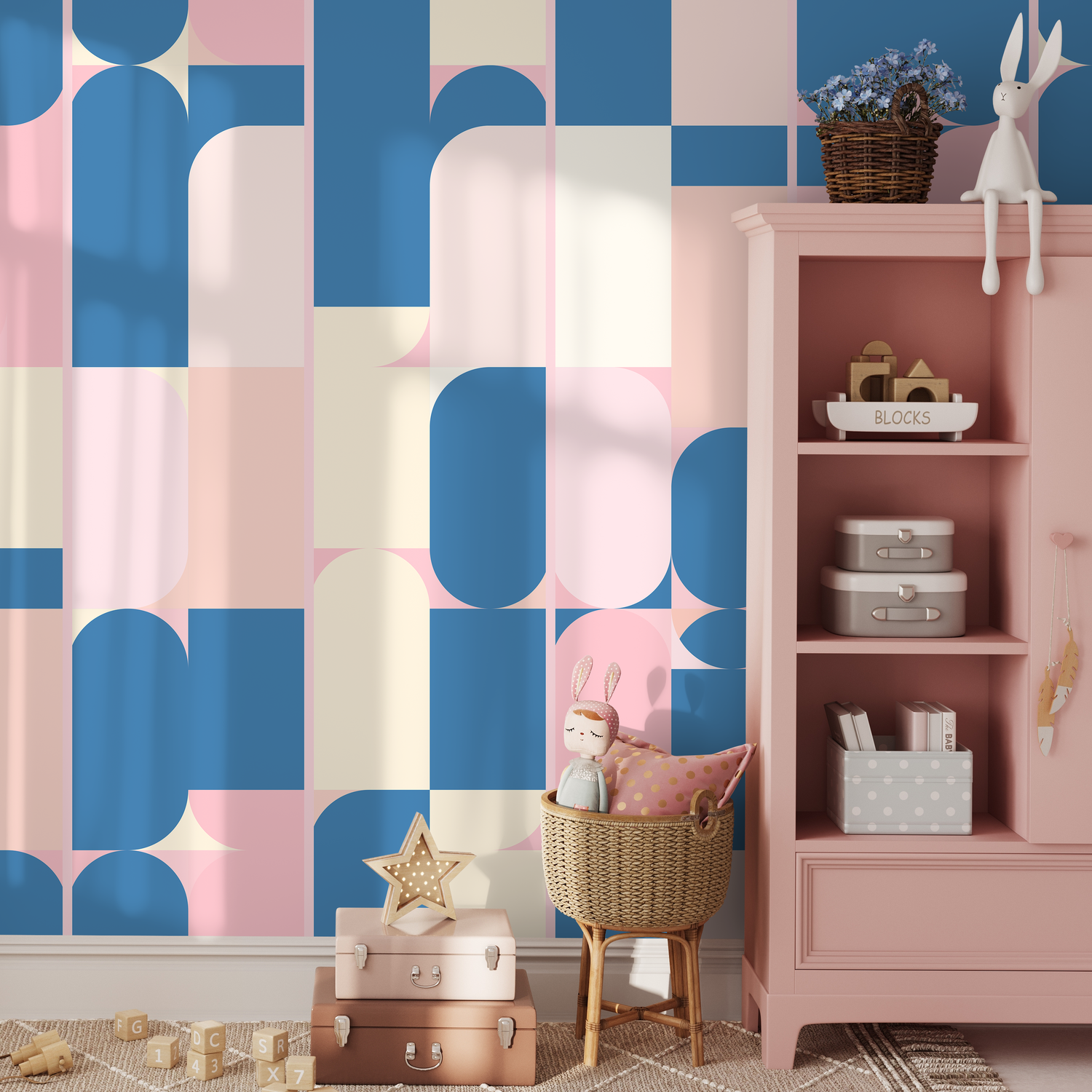 Geometric Wallpaper with Modern Block Shapes in Blue, Pink, and Cream - B411