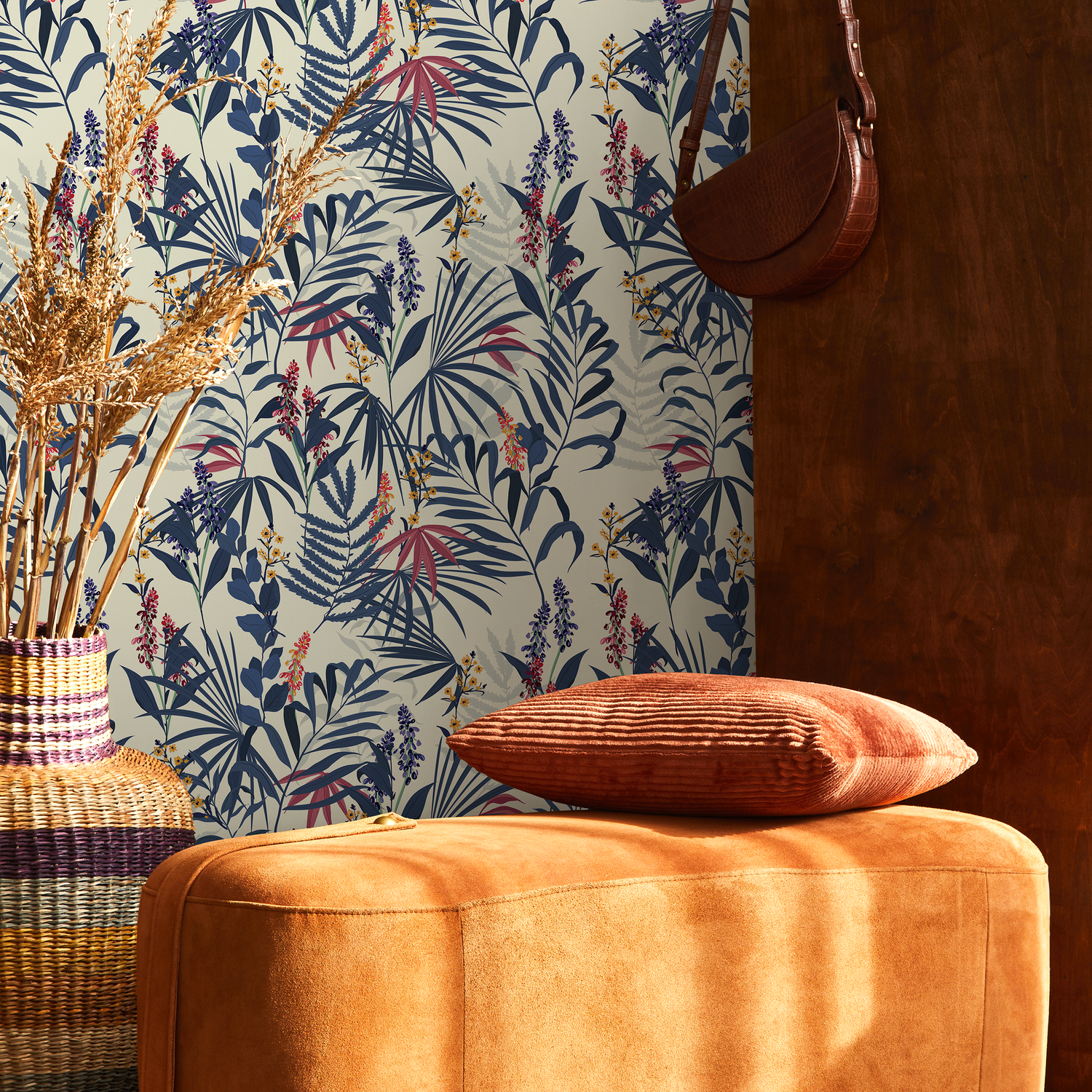 Botanical Wallpaper with Tropical Leaves and Flowers in Blue, Red, and Yellow - B414