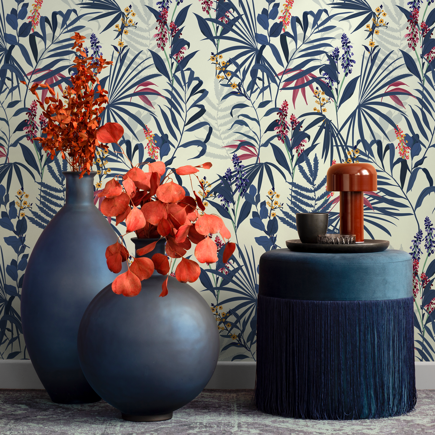 Botanical Wallpaper with Tropical Leaves and Flowers in Blue, Red, and Yellow - B414
