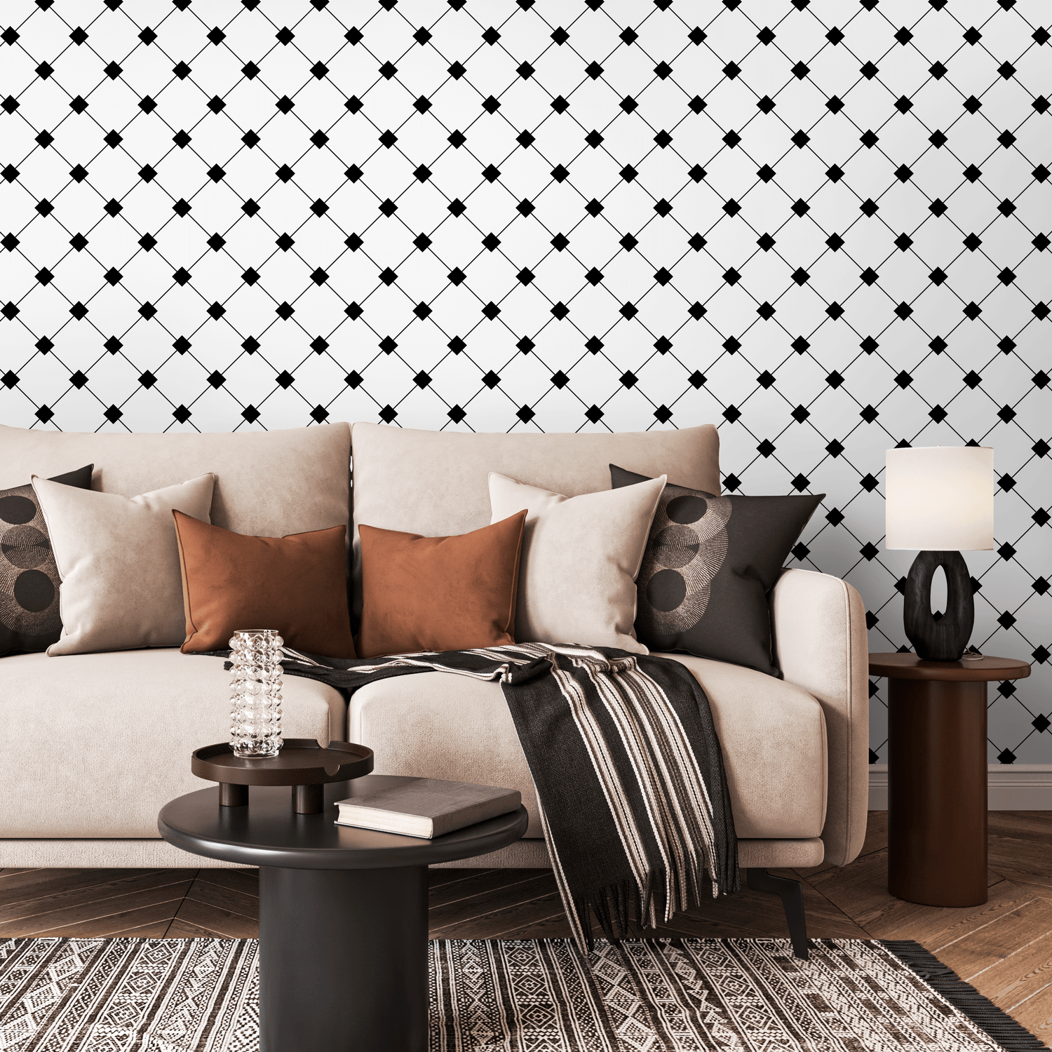 Papel pintado geométrico escandinavo en blanco y negro, autoadhesivo y extraíble - B419