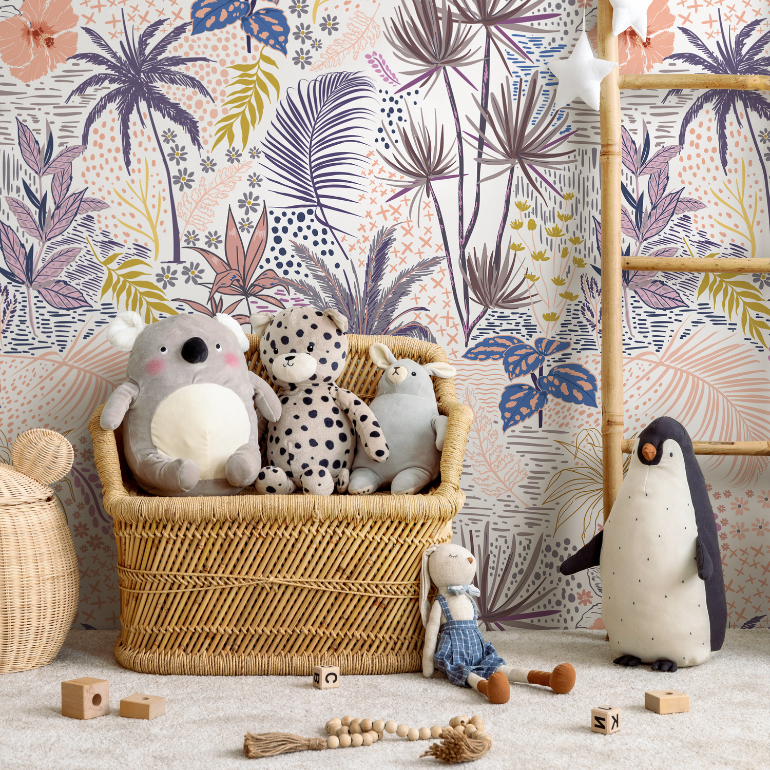 Tropical Wallpaper with Palm Leaves and Hibiscus in Pink, Purple, and Blue - B431