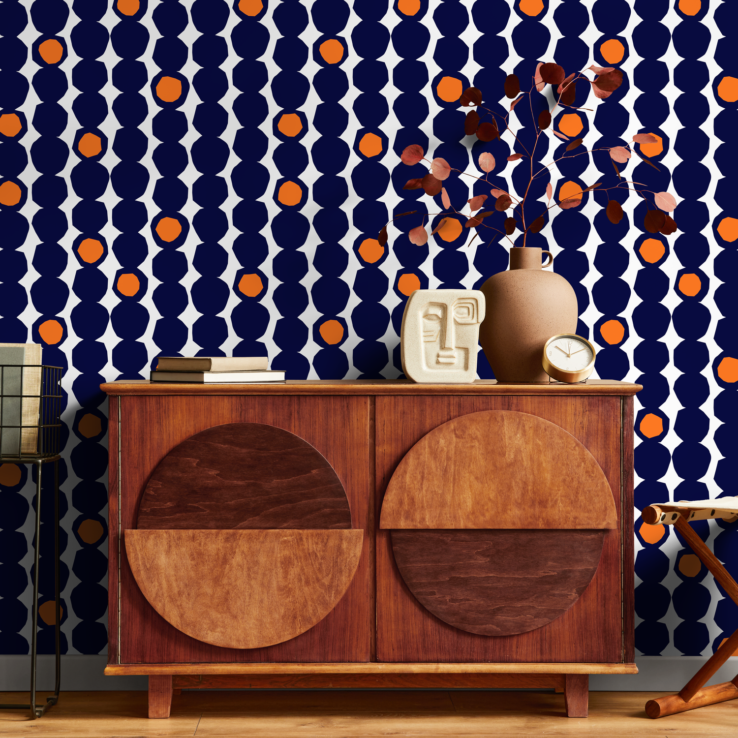 Geometric Wallpaper with Faceted Circles in Navy Blue and Orange - B434