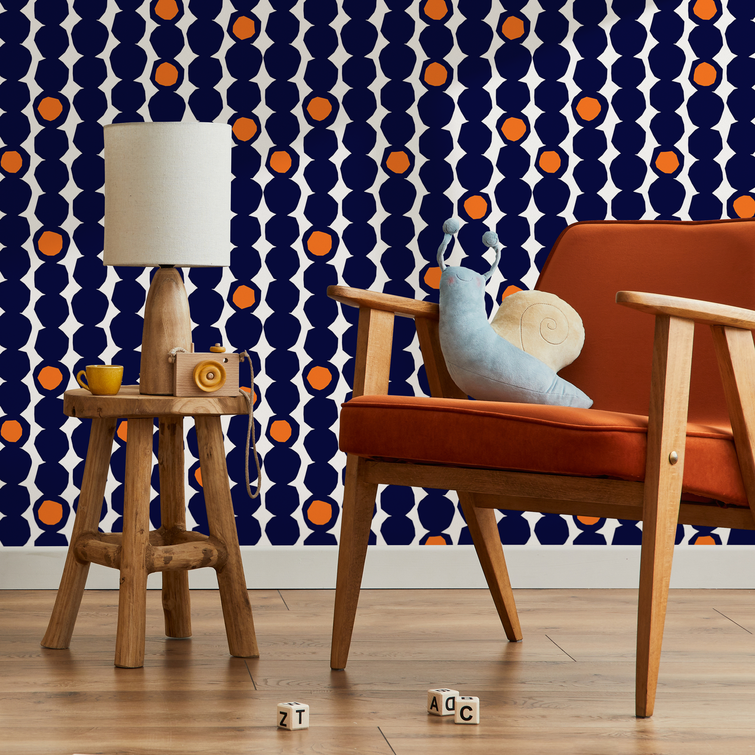 Geometric Wallpaper with Faceted Circles in Navy Blue and Orange - B434