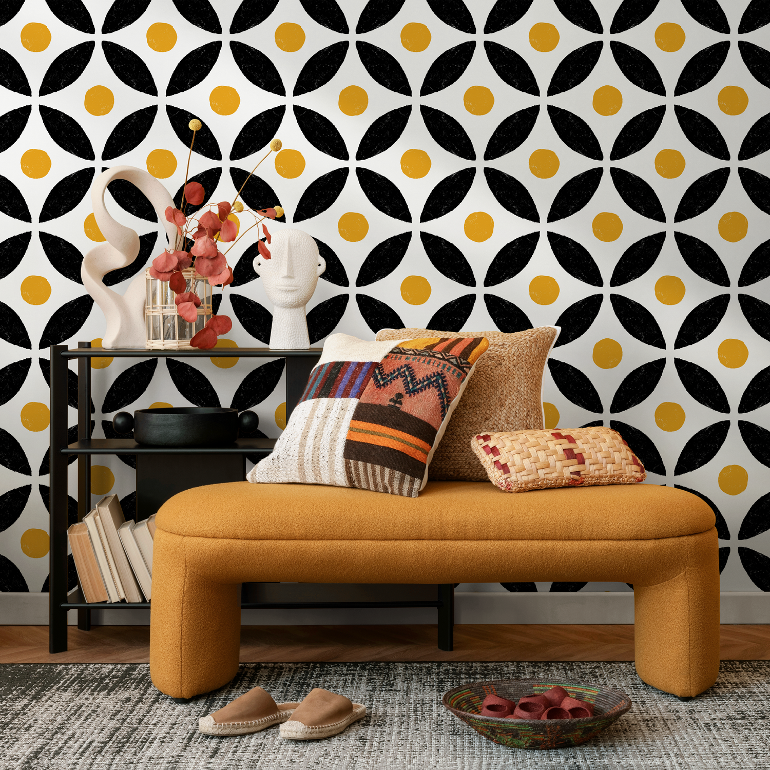 Geometric Wallpaper with a Stamped Petal Grid in Black and Yellow - B437