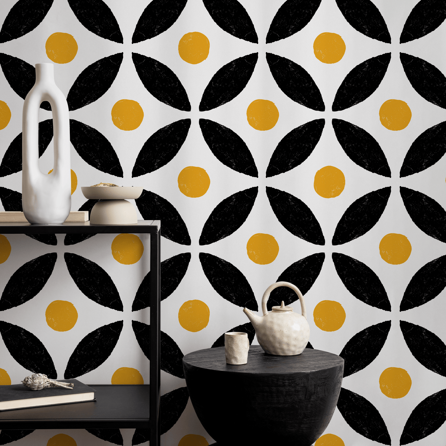 Geometric Wallpaper with a Stamped Petal Grid in Black and Yellow - B437